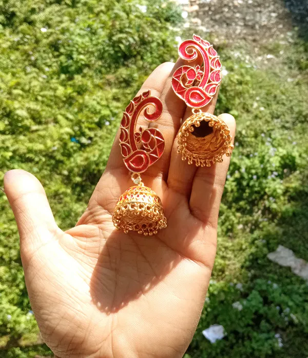 Assamese_Traditional_Copper_Gold_Plated_Red_Colour_Jhumka_Earring_For_Girls_&_Women
